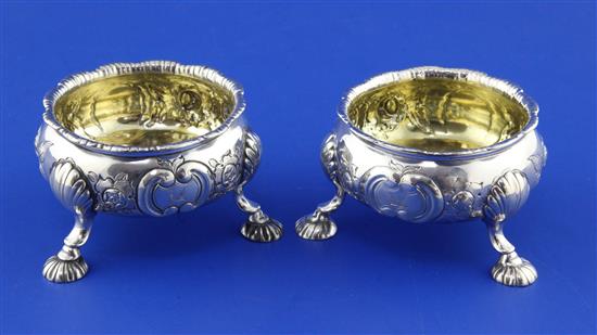 A pair of late George II silver bun salts by David Hennell I, 8.5 oz.